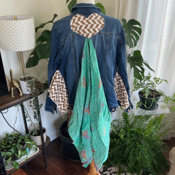 Wild Hope Upcycled Green Patterned Kantha Stretch Jean Jacket M - Picture 6 of 14